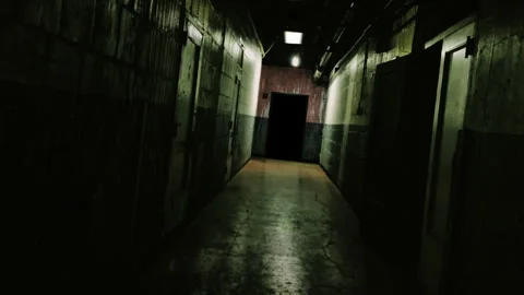 Walking Through Dark Abandoned Corridor with Flickering Lights and Bloody Door Vídeos de archivo 341337023