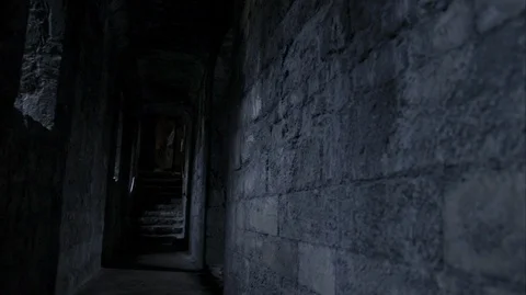Walking through dark Medieval Castle corridor Video stock 128606901