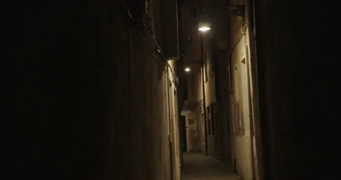 Walking through a dark narrow street in venice at night 库存影片 340426945
