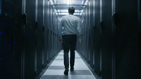 Walking Through Data Center IT Engineer Stops Before Working Server Rack Stock Footage 101277558