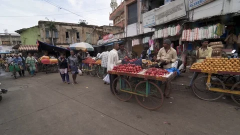 Walking through Devaraja market, Mysore, India. Smooth Gimbal Steadicam shot. Stock Footage 93622292