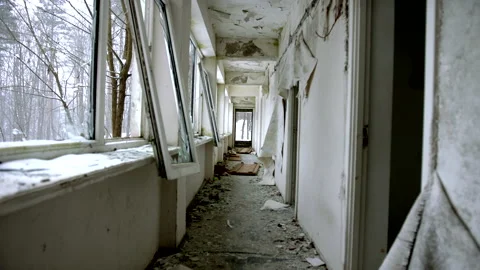Walking Through Devastated Empty Post Apocalyptic Corridor Stock Footage 148491526