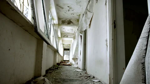 Walking Through Devastated Empty Post Apocalyptic Corridor Stock Footage 148491583