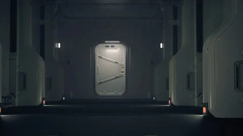 Walking through dim lit corridor of planetary station to the exit. Modular base Stockbeeldmateriaal 277230246
