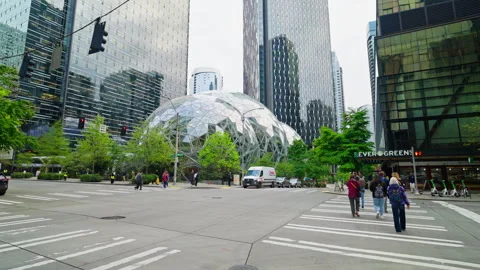 Walking through downtown Seattle near Amazon headquarters in South Lake Union Stock Footage 328340937
