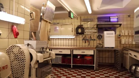 Walking through an empty bakery -wide Stock Footage 144496054