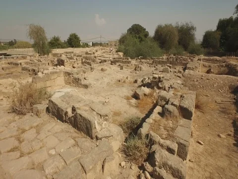 Walking through the excavated ruins of Jericho, the oldest city in the world Stock Footage