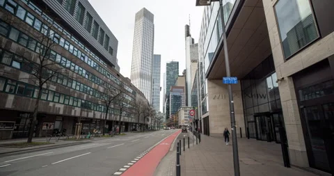 Walking through Frankfurt am Main hyper lapse. Modern skyline in german city. Stock Footage 244701373