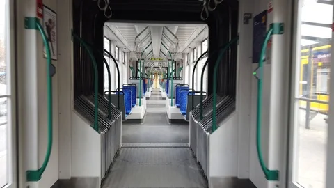 Walking through interior of a modern tram in Budapest Stock Footage 102071536