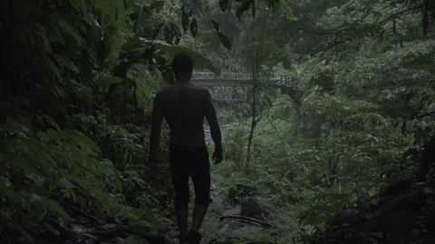 Walking Through Jungle Towards Bridge Bali Slow Motion Stock Footage 106785163