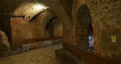 Walking through the medieval basement of Leśnica Castle, Poland Stock-Footage 337838495