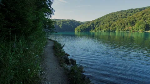 Walking through mountain forest near to the lake, steady cam shot Vidéo 68648790