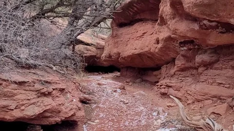 Walking through narrow passage in Red Canyon near Canon City, Colorado Stock Footage 317949637