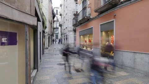 Walking through the narrow streets of Girona. Timelapse film Stock Footage 79622710