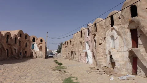 Walking through neglected historic ksar complex in Medenine, Tunisia Stock Footage 345034206