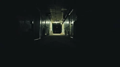 Walking through Old dark apartment building, long dark hallway. Stock Footage 156392669