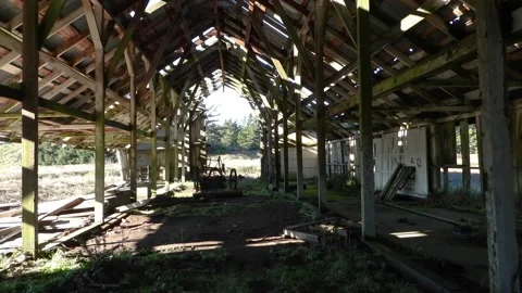 Walking through an old dilapidated barn Stock Footage 168606814