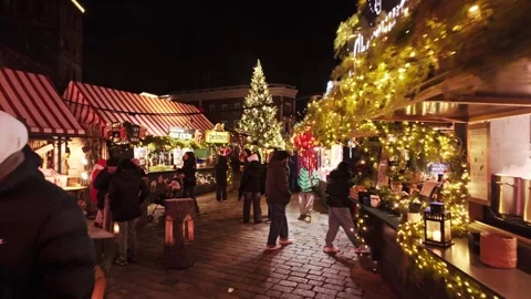 Walking Through Old Riga Christmas Market, Festive Lights, Holiday Atmosphere Stock Footage 341845066