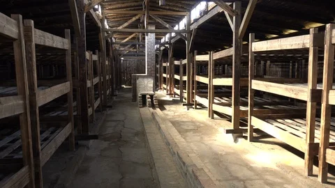 Walking through replicated barracks of Auschwitz Birkenau concentration camp Vídeo Stock 85486531