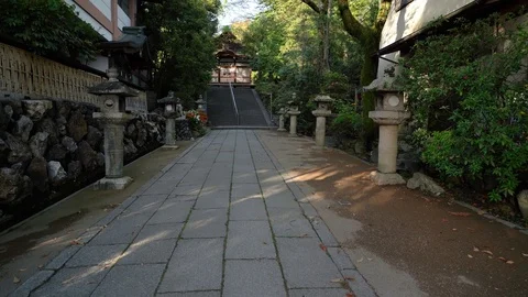 Walking through stone lamps to temple Stock Footage 97616526