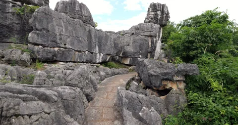 Walking through winding path among limestone formations at Shilin Stone Forest Vidéo 329489280