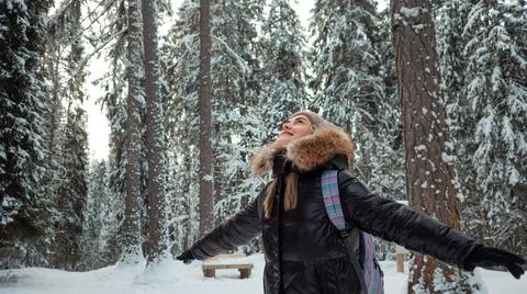 Walking through the winter pine forest, frosty weather, a healthy lifestyle. Stock-Fotos