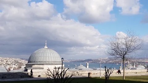 Walking in the top of Istanbul - Bosphorus view beside the Suleymaniye Mosque Stock Footage 129805689