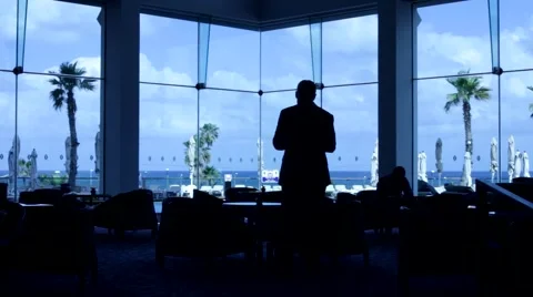 Walking Towards Camera Inside Buliding Sea View Stock Footage 44248224