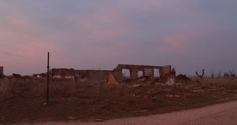 Walking towards destroyed and abandoned house. Panoramic view to detail of ruins 스톡 동영상 126266166