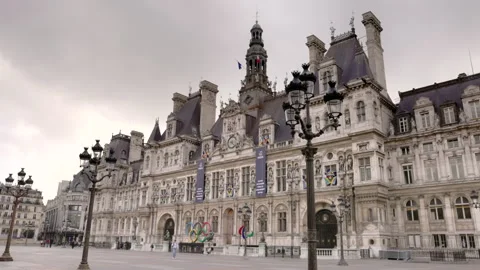 Walking towards the front of the hotel de ville on a spring morning in paris Stock Footage 250158351