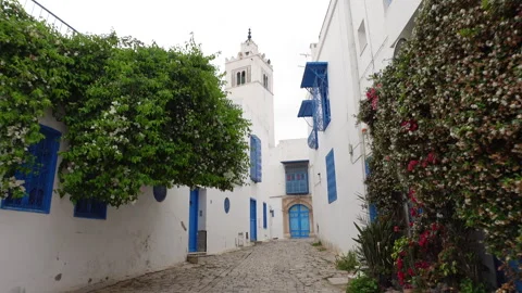 Walking towards historic mosque in small village of Sidi bou Said in Tunisia Stock Footage 328633533