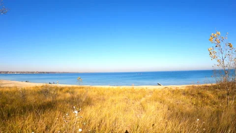Walking Towards Sand Beach from Beachgrass meadow Stock Footage 143125624