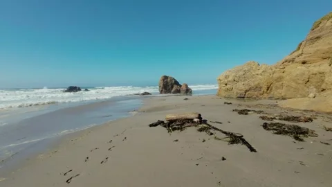 Walking towards a sea stack on an empty California beach Stock Footage 299886820