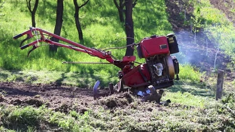 Walking tractor with the engine running. Stock Footage 154451742