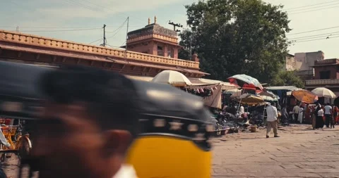 Walking in traditional india bazaar Sadar market with stalls and vendors in Stock Footage 346190274