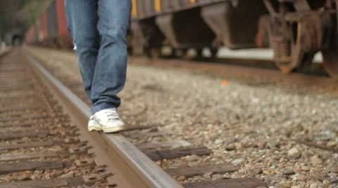 Walking on Train Tracks 03 - balance Stock Footage 1017919