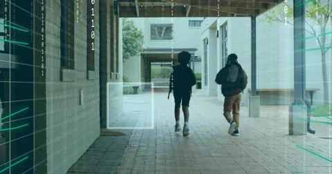 Walking two students with backpacks toward courtyard at school walkway, with  Illustrazione stock