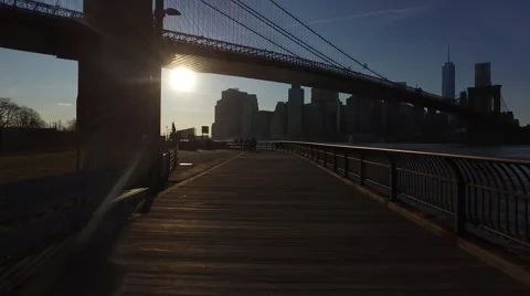Walking under the Brooklyn Bridge with bird flying out Stock Footage 62781440