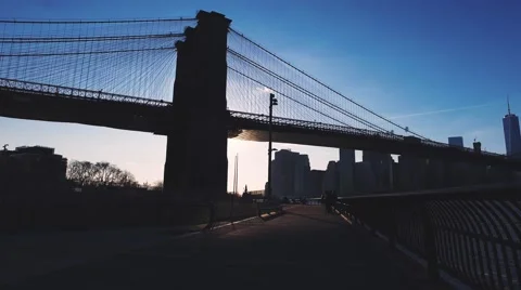 Walking under the Brooklyn Bridge while sunset Video stock 62781415