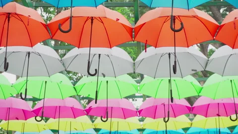 Walking under canopy of umbrellas in a park. Garden decor Stockbeeldmateriaal 270672070