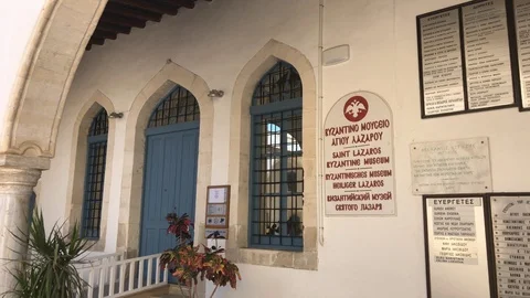 Walking Under Medieval Stoa of Saint Lazarus Church in Larnaca Stock Footage 89715006