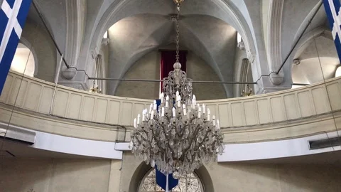 Walking under an old Chandelier inside an old Church 스톡 동영상 90953336