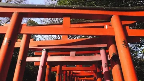 Walking Under Red Torii Gates at Temple in Tokyo, Japan Stock Footage