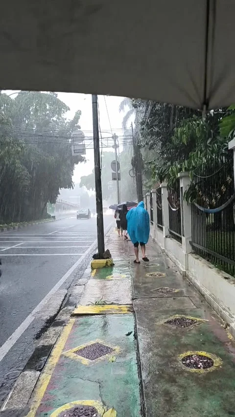 Walking under umbrella on wet sidewalk in heavy rain. Видео 342209651