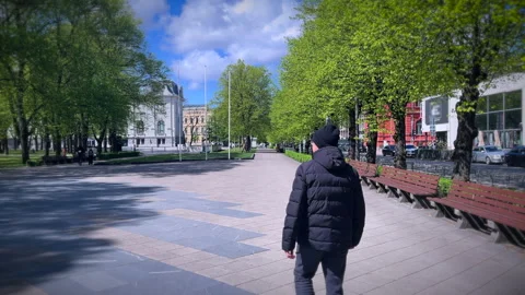 Walking in Urban Park during Spring Stock Footage 308859014