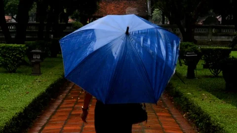 Walking into a Vietnamese buddhist temple while raining, with an umbrella Stock Footage 100318080