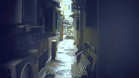 Walking view of ghetto old dirty asia building in dark narrow fire escape back Stock-Footage 204496050