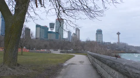 Walking View of Niagara Falls Park with Buildings Stock-Footage 130858433