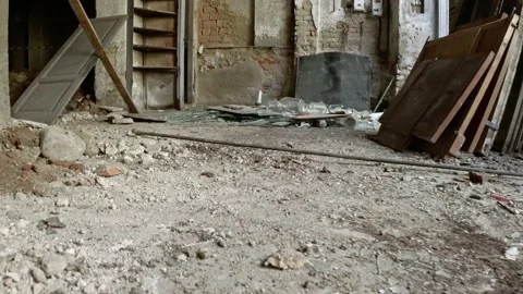 Walking View at Ruins Of Abandoned Building Stock Footage 143188034