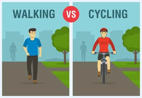 Walking vs cycling. Front view of a walking male character and bicycle rider. Stock Illustration